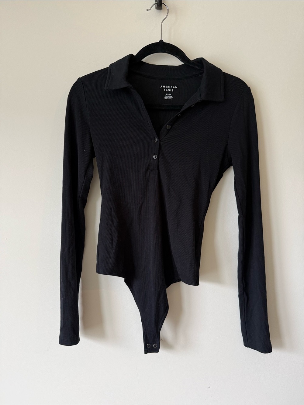 American Eagle Outfitters Black Long-Sleeve Polo Bodysuit with Snap Closures